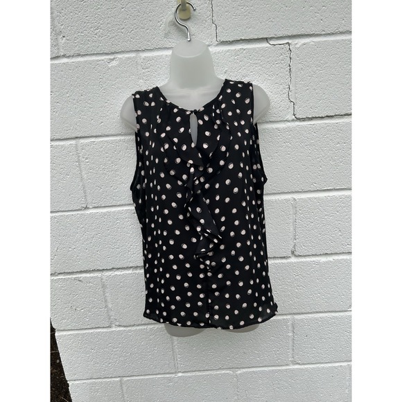Elle Tops - Elle Black White Polka Dot Ruffle Neck Sleeveless Blouse Top XXL Peach Lightet